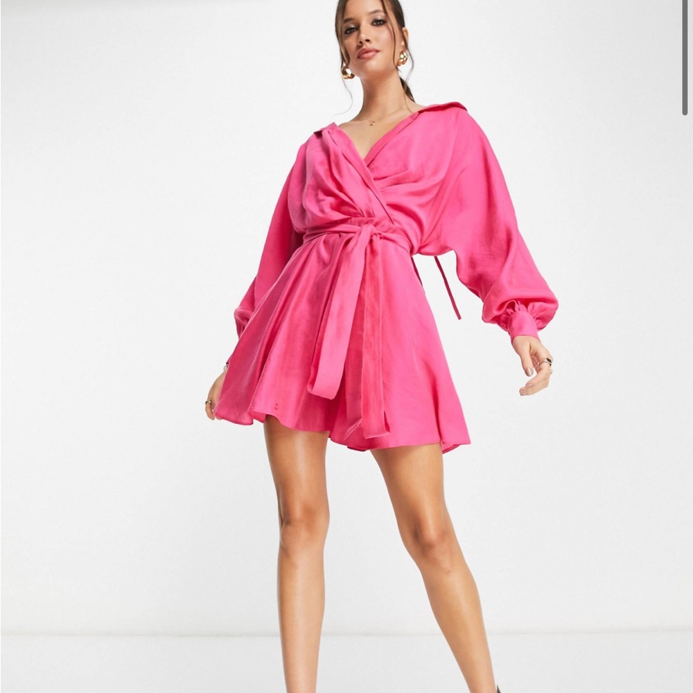 ASOS DESIGN off shoulder mini shirt dress with tie detail in washed fabric pink